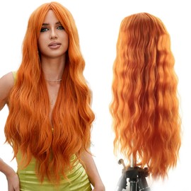 JSTHHTT Lange Lockige Wellig Orange PerüCke, 65cm Mittelscheitel Lockige PerüCke, NatüRlich Synthetische Gewellte PerüCken Damen, NatüRliche HitzebestäNdig, Damen Locken Wavy Wig FüR Partys TäGlich