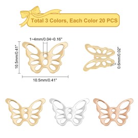 DICOSMETIC 60Pcs 3 Colors Butterfly Pendants Stainless Steel Cute Butterfly Charms Insect Pendants Animal Pendants Hollow Butterfly Connector Charms for DIY Jewelry Making, Hole: 1-4mm