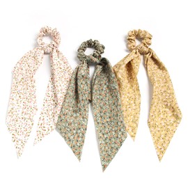 3pcs Women Ribbon Scrunchies Bow Knotted Classic Floral Pattern Hair Ties Vintage Bunny Ear Ponytail Holders Hair Accessories