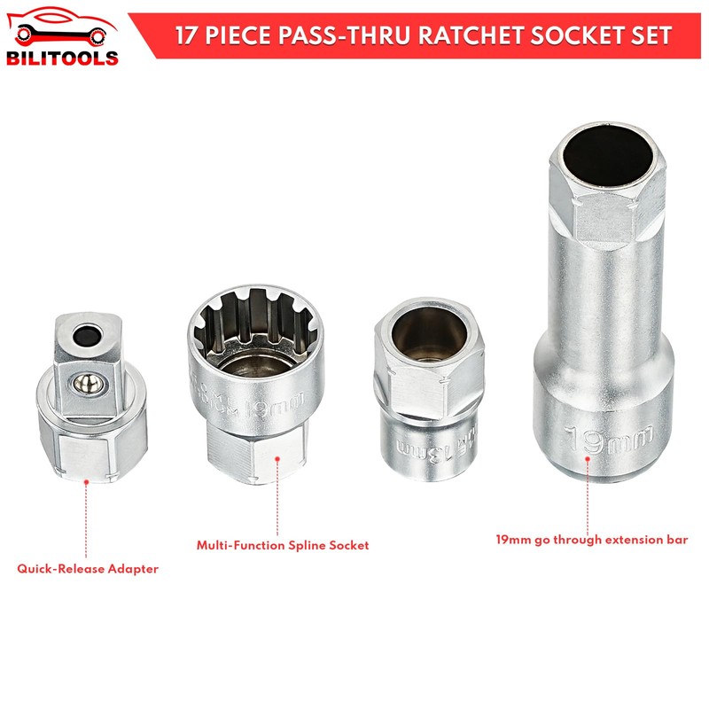 BILITOOLS 17-Piece Pass Through Socket Set, 3/8" & 1/2" Drive