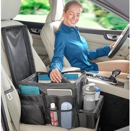 High Road - Organizador grande de asiento de coche CarHop para el asiento delantero o trasero para niños y adultos con bandeja para portavasos y bolsillos laterales y compartimento para enfriador