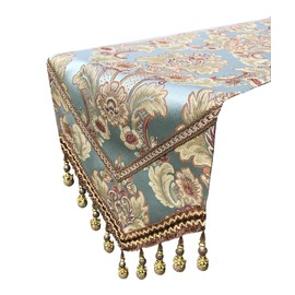 MAGILONA Home Tablecover Bead Decorative Europe Luxurious Cotton Linen Velvet 3D Relief Embroidered Floral Pattern Table Runner Dining Party 13x83 In (Blue)