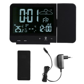 AUNMAS Projection Alarm Clock, 85 x 135 x 30 mm, Black Wireless Indoor/Outdoor Thermometer, Temperature Humidity Meter with Temperature Humidity Monitoring and Calendar for Bedroom (EU 230V)