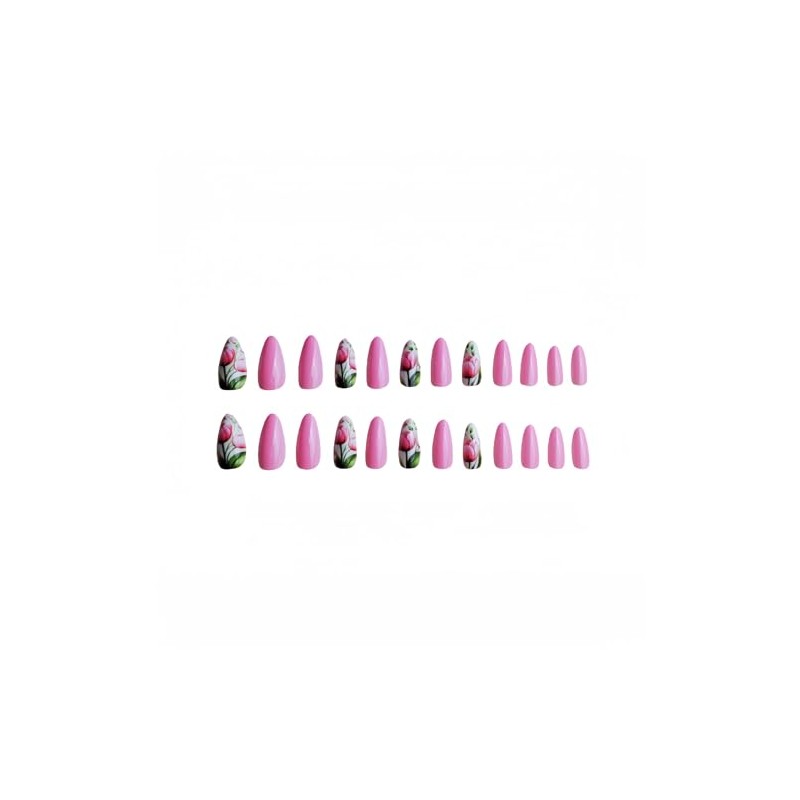 Uñas postizas cortas con forma de almendra y flores de