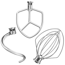 Stainless Steel Stand Mixer Attachments 3-Piece for KitchenAid Mixer and 5.5-6 Quart Bowl (KN256 6-Wire Whip, 5.5-6QT Flat Beater, 6QT Dough Hook Attachment)
