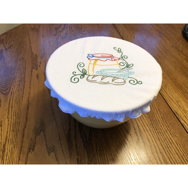 Reusable fabric bowl cover, embroidered design, zero waste linens, bread