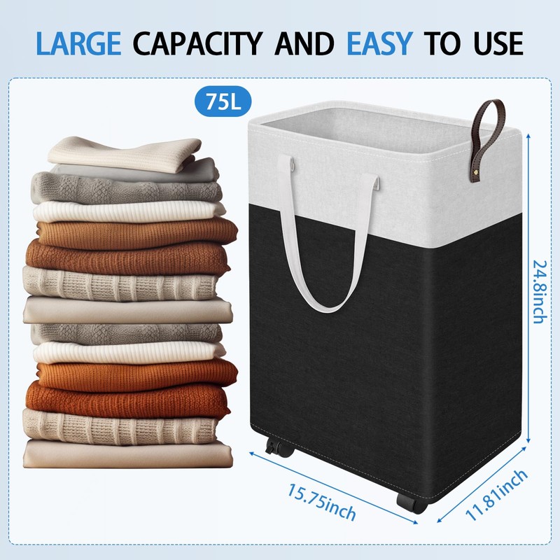 HomeHacks 75L Rolling Laundry Basket with Wheels, Collapsible & Waterproof