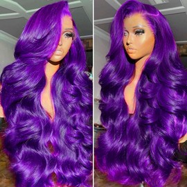GAlWAC Purple Glueless Wigs Human Hair Pre Plucked Pre Cut With Baby Hair 200% Density Purple 5x5 Body Wave Lace Front Wigs Human Hair For Women HD Transparent Lace Frontal Violet Colored Wig 18 Inch