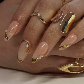 24Pcs Gold French Tip Press on Nails Almond Medium Fake Nails with 3D Diamond Pearl Rhinestones Design Gold Chrome Press ons Nude Pink Acrylic False Nails Glossy Full Cover Glue on Nails for Women