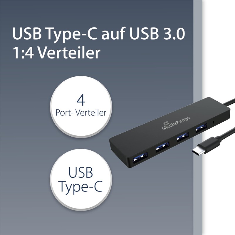 MediaRange USB Type-C to USB 3.0 Splitter 1:4, Bus-Powered, Black