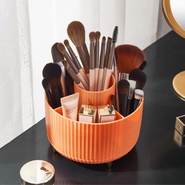 Diesisa Diesisa 360 Rotating Makeup Brush Organizer With 5 Sections, Spining Countertop Swivel Makeup Brush Holder for Cosmetics, Nail Polish, Art Supply, Bathroom Vanity Desktop Organizer - Orange
