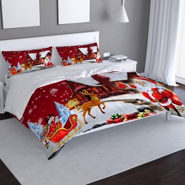 LXTOPN 3D Printed Santa Claus Duvet Cover - Microfibre Bedding Set with Zipper Duvet Cover with 2 Pillowcases (200 x 200 cm, Christmas House)
