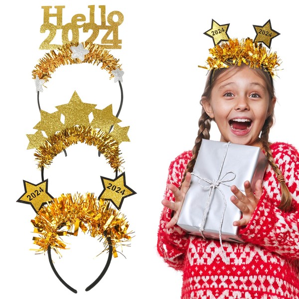 WEDNOK 3pcs New Year Headbands Gold Glitter Star Hairband 2024 Happy New Year Headband New Year Eve Party Headdress Hair Hoops for Kids Adults NYE Photo Props Party Supplies