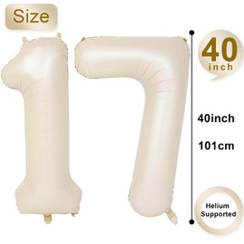 KAINSY 2pcs 40 Inch Cream Number 17 Balloons, Self Inflating, Helium Beige Digital Balloons for 1st 7th 17th Birthday Anniversary Party Decorations