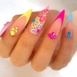 Vezocim Artificial Glossy Flower Fake Nails Sets, Press on Nails Pointed Medium Length, Acrylic Fingernails False Nails with Floral Designs, Full Cover False Nails Glue Stick on Nails for Women