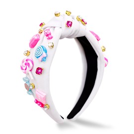 Candy Knotted Headband for Women, Lollipop Sugar Charms Rhinestone Jeweled Embellished Top Knot Wide Cute Headband for Girls, Fashion Hairband Hair Accessories Birthday Holiday Party Gift - White