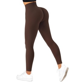 SUUKSESS Women Ribbed Seamless Leggings High Waisted Tummy Control Workout Yoga Pants (Dark Brown, XL)