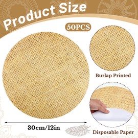 Jecery 50 Pieces Disposable Burlap Printed Paper Placemats Round Rustic Brown Chargers Paper Place Mat Country Decor Disposable Placemats for Vintage Country Farmhouse Tan