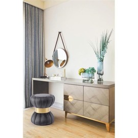 Meridian Furniture Vino Collection Modern | Contemporary Velvet Upholstered Hourglass Shaped Ottoman/Stool with Gold Finished Stainless Steel Band, 15.5" W x 15.5" D x 17" H, Grey