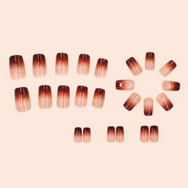 24pcs Medium Square Fake Nails, Brown Gradient Press on Nails with Designs French False Nails for Women Girls Fall Winter Nail Decoration