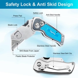 Box Cutter, Utility Knife with Quick Change Blades, Stainless Steel Body, Back-lock Mechanism, Portable Cutter Knife with Clip, Heavy Duty Razor Knife with 5-piece Extra Blades (Blue)