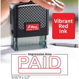 Shiny Paid Stamp Self Inking Rubber Stamp, 1/2" by 1-1/2" Impression Area, Red Ink, Refillable