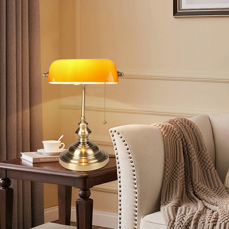 FIRVRE Bankers Desk Lamp with Pull Chain Switch, Amber Glass