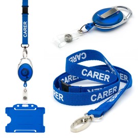 CKB LTD Blue Carer Retractable Lanyard and Badge Holder Triple Pack - Trio Set Includes A Single Lanyard, Extendable Carabiner Yoyo Reel Clip and Rigid ID Card Holder
