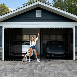 Sliding Garage Door Screen 2 Car with Track Closure, 16x7Ft Garage Net Screen Retractable Privacy Curtain Keep Annoying Animals Out Easy Assembly Fiberglass Mesh Screen Door for 2 Car Garage