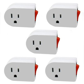 Wideskall® White Grounded On / Off Power Switch with Red Light 3 Prong AC Wall Plug Tap Adapter ETL Certified (Pack of 5)