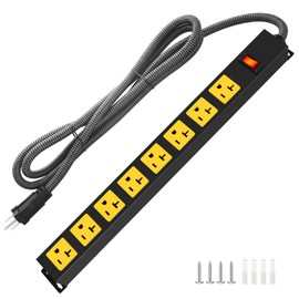 20Amp Power Strip Surge Protector, Long Metal 8-Outlets with Heavy Duty 20 amp 6Ft 12 Gauge Extension Cord for Garage Workshop & Industrial Use, 1200J