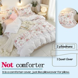 FADFAY Floral Duvet Cover Set King/Cal King 100% Cotton Reversible Pink and White Bulgaria Rose Bedding French Country Flower Print Ruffle Lace Girls Comforter Covers Zipper 3 Pcs, King
