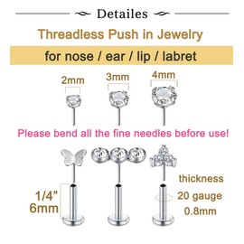 Longita Threadless Nose Stud 20g Flat Back Nose Stud 20g Cartilage Earring Silver Nose Earrings Flat Back Earrings Flatback Nose Stud 20 Gauge Nose Rings with Backs Push in Nose Stud for Women 6mm