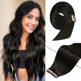 YDDM 20pcs Tape in Extensions Human Hair, 16 Inch Natural Black 100% Remy Human Hair Straight Invisible Seamless Tape in Hair Extensions for Women (1B#, 16 Inch)