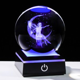 Arikyrist 3D Crystal Ball Moon Fairy Figurine with Colorful LED Base, Laser Fairy Gifts for Women Girls on Christmas Birthday, Fairy Statue Glass Globe Decorative Ball for Home Decor (80mm)