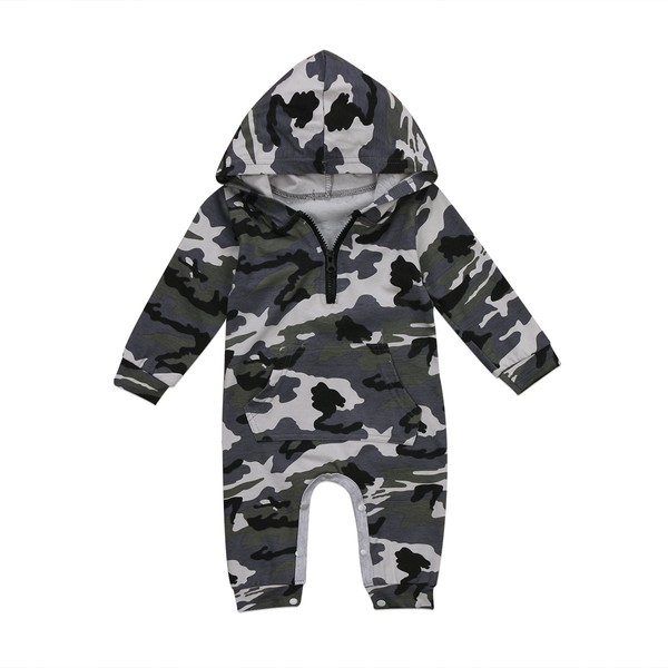 Carolilly Combinaison à Capuche Camouflage Nouveau-né Bébé Garçon à Manches Longues Jumpsuit Infantile Automne-Hiver (0-24M)