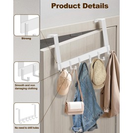 Peasulin Over The Door Hooks, Sturdy Door Hanger, Large Over The Door Towel Rack with 6 Hooks, Heavy Duty Easy to Install, for Bathroom, Bedroom，Kitchen，Hanging Towels, Coats (White).