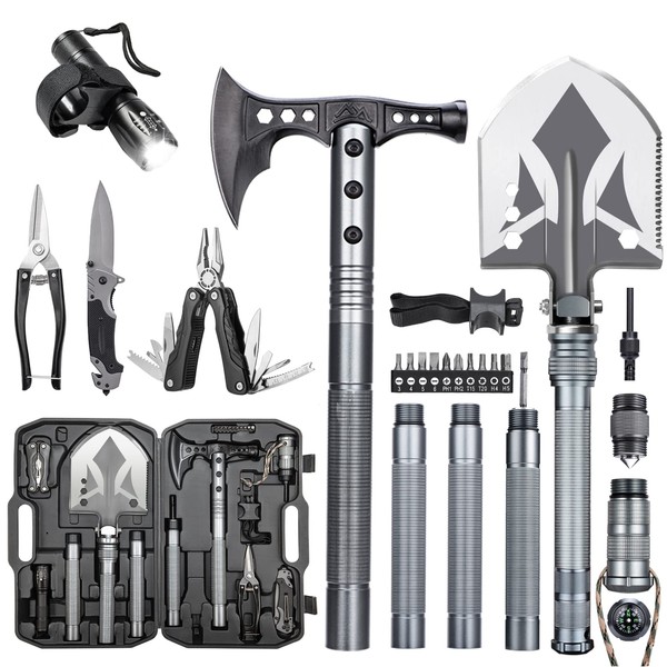 ZENHOSIT Camping Survival Shovel with Axe, Multifunctional Tactical Folding Shovel Hatchet Flashlight Combo with Extension Handles, 19.3-40.9Inch Survival Gear and Equipment for Camping Cycling Hiking