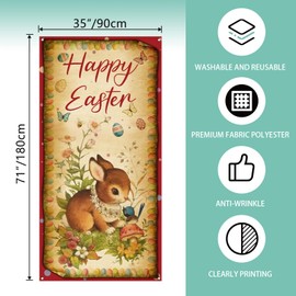 Vintage Easter Door Cover Retro Style Bunny Rabbit Easter Eggs Flower Photo Backdrop Happy Easter Spring Summer Party Decorations and Supplies for Home-71×35''
