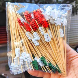 Christmas Cocktail Sticks, 4.7IN Snowflake Snowman Fruit Picks for Christmas Party, Bamboo Cocktail Picks, Christmas Toothpicick for Sandwich, Cocktail, Appetizer, Fruits (Snowflake Snowman)