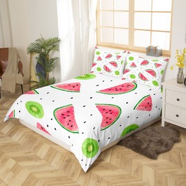 Manfei Cute Fruits Duvet Cover Set Single Size, Kiwi and Watermelon Comforter Cover with 1 Pillowcase, Summer Fruits Theme Bedding Set 2pcs for Kids Boys Girls Room Decor Lightweight Bedspread Cover