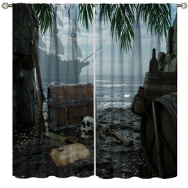 Pirate Ship Curtains, Treasure Skullhead Nautical Pirate Ship 3D Gothic Fantasy Theme, Blackout Curtains for Kids Boys Bedroom Living Room, 2 Panel Set,42X45 Inch