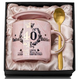 40th Birthday Gifts for Women, 14oz Pink Coffee Cup with Gold Pattern, Fabulous 40 Limited Edition, Unique 1984 Birthday Gift for Mom, Best Friend, Wife, Sister, Coworker, Beautifully Gift Boxed.