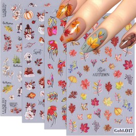 Fall Nail Stickers, 3D Embossed Autumn Nail Decals Red Gold Maple Leaf Nail Art Design Self-Adhesive Thanksgiving Nail Accessories for Women Girls(4 Sheets)