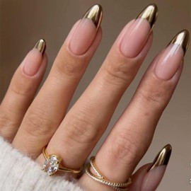 VOTACOS French Tip Press on Nails Long Almond Fake Nails Gold Glossy Acrylic Nails Full Cover Artificial Nails Stick on Nails for Women