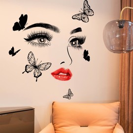 Beautiful Eyelash Eyes Wall Decals, Peel and Stick Flying Butterfly Wall Stickers Wall Decor Vinyl Wall Art for Home Living Room, Women Girls Bedroom, 30x90cm (Black)