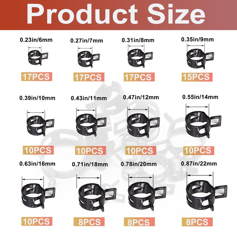 Taiss 140PCS 12 Sizes 6-22mm Black Spring Band Hose Clamp