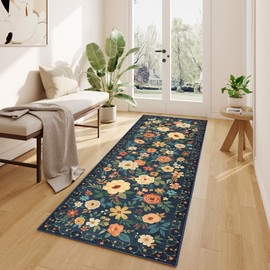 DUKINO Runner Rug, 2.6x8 Kitchen Rug for Hallway with Non Slip Backing, Washable Low Pile Soft Boho Floral Runner Carpet for Hallway, Kitchen, Entryway, Laundry, Bedroom, Dark Blue