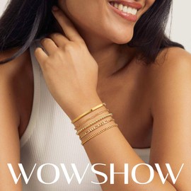 Wowshow Gold Bracelets for Women - 14K Real Gold Plated Link Charm Dainty Chain Stackable Bracelet Set Adjustable Bangle Cuff Pack Jewelry Gifts 6.8 Inch