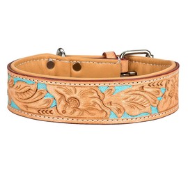 Michur Mariano Leather Dog Collar Beige Blue Brown Leather with Embossed Floral Patterns Neck Circumference 24-28.5 cm / Total Length 32 cm